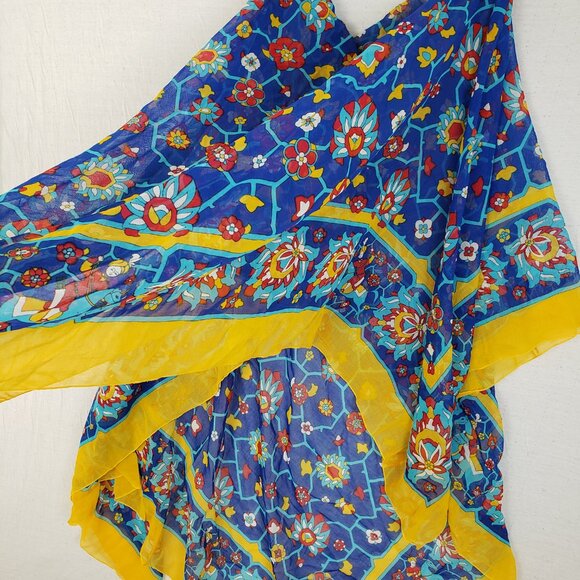 HERMES Shawl Scarf Pareo 100% Cotton Lightweight Blue Yellow Red Persian Motif - Picture 11 of 14